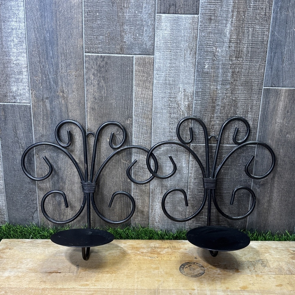 Set of 2 Vintage Black Wrought Iron Wall Candle Sconces Scroll Decor